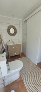 un bagno con un water, un lavandino e uno specchio di Monte das Romas a Charnequinha