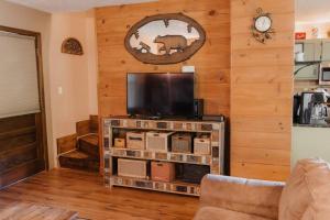 a living room with a tv on a wooden wall at Misty Mountain Sunrise in Sevierville