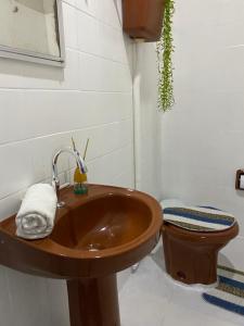 a bathroom with a wooden sink and a toilet at Charmoso Studio, em Castanhal in Castanhal +2 photos