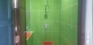 a green bathroom with a shower with a toilet at Villa GeGe Puncak in Cipayung +20 photos