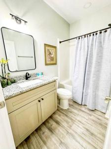 a bathroom with a sink and a toilet and a mirror at Seabrook Coastal Cottage - Beaufort Parris Island in Seabrook +12 photos