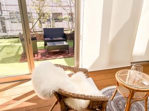 a white cat sitting in a wicker chair next to a window at ELIF-Nakasu- in Fukuoka