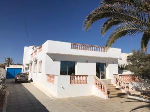 a white house with a palm tree in front of it at Villa pieds dans l'eau, magnifique terrasse face à la mer in Zarzis