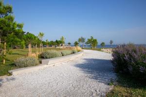 a gravel path next to a beach with trees and plants at Apartma Edra - Žusterna in Koper