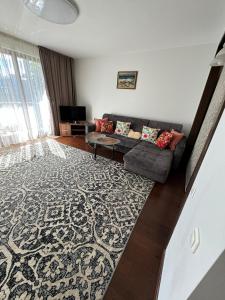 een woonkamer met een bank en een tapijt bij Apartamentai prie Kalnų parko in Vilnius +4 foto's