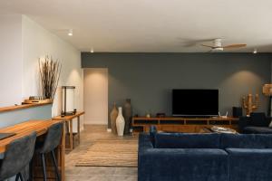 Телевизор и/или развлекательный центр в Appartement moderne de 3 chambres avec jardin près de la plage