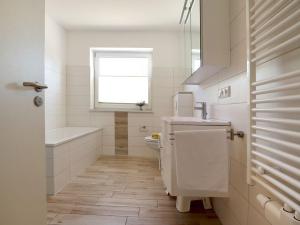 a bathroom with a sink and a toilet and a window at Teresa Fewo in Boltenhagen