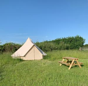 a tent and a picnic table in a field at Fallow Fields Camping, Lathe Barn in Burmarsh