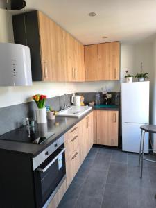 a kitchen with wooden cabinets and a white refrigerator at Apartament in Villiers-sur-Marne
