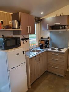 a small kitchen with a white refrigerator and a sink at Visitez l'Alsace, Europa Parc et Rulantica E62 in Boofzheim