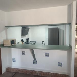a kitchen with a counter with a microwave and a sink at Duquesa Harbour Club Aparthotel in Manilva