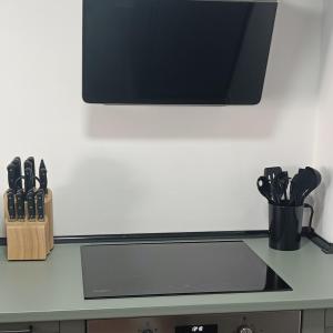 a kitchen counter with a knife block and a tv at Duquesa Harbour Club Aparthotel in Manilva