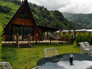 里泽TERAPİ TATİL KÖYÜ的一只猫坐在小屋前的桌子上