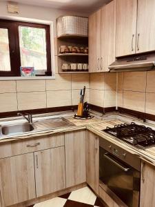 a kitchen with wooden cabinets and a stove top oven at Pensiunea Roua in Sinaia