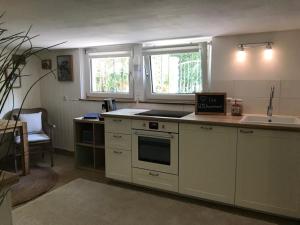 Kuchyň nebo kuchyňský kout v ubytování Nature Living - Ferienhaus mit Kamin - Feuerschale - Garten - mit beheizbarem Gartenwhirlpool
