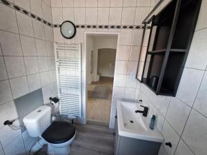 a bathroom with a toilet and a sink and a mirror at Ferienwohnung Karlson in Wilhelmshaven +1 photo