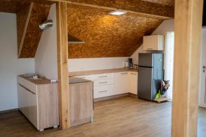 a kitchen with white cabinets and a refrigerator at Ribnik Stari trg in Lesično +26 photos