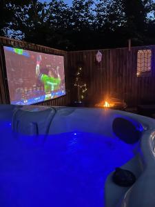 a tv and a swimming pool with a video game on at Poppy Cottage, Pembrokeshire in Tenby