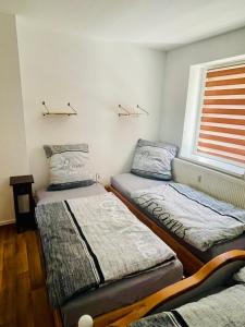 two twin beds in a room with a window at Seenland Residenz in Hoyerswerda