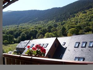 uma vista a partir de uma varanda de uma casa com flores em Hotel Delavall em Vielha