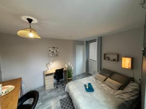 a bedroom with a bed and a desk in it at Le Sully in Mortroux