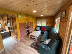 a living room with a leather couch and a fireplace at Cozy Forest Cabin in Kadaga