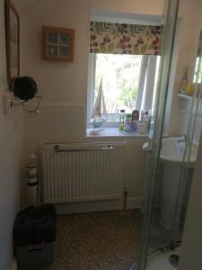 a bathroom with a shower and a sink and a window at Yr Hen Farcdy in Talsarnau +14 photos