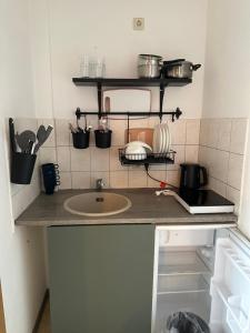 a kitchen counter with a sink and pots and pans at Apartmenthaus Iris&Jasmin in Friedrichshagen +34 photos