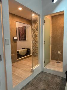 a walk in shower in a room with a glass door at Epic Suites Bohol ADULTS ONLY in Dauis