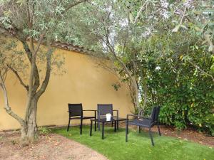 two chairs and a table under a tree at STUDIO A 2 MN DE L A75 in Usclas-lʼHérault +2 photos