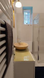 ein Badezimmer mit einer Theke mit einem Waschbecken und einer Dusche in der Unterkunft Heritage Harmony with FREE PARKING in Budapest