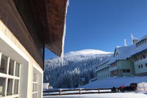 Blick von einem Gebäude auf einen schneebedeckten Berg in der Unterkunft Alpina66 in Jieţ