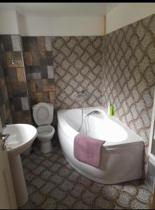 a bathroom with a tub and a toilet and a sink at Casa Prieteniei - rezervare integrală in Bistriţa +18 photos