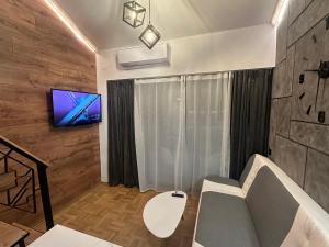 a living room with a couch and a tv on a wall at Studio Lazur in Burgas