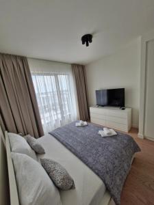 a bedroom with a large bed and a television at Belgrade Waterfront BW Sava Aqua in Sajmište