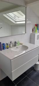 a bathroom with a white sink and a mirror at Beautiful renovated Farmhouse in Ankeveen +22 photos