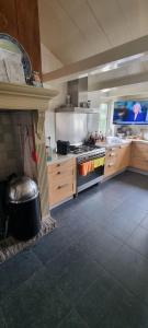 a large kitchen with a stove and a fireplace at Beautiful renovated Farmhouse in Ankeveen