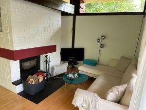 a living room with a couch and a fireplace at Das Rote Haus am See in Kochel +22 photos