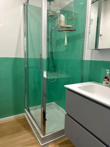 ein grünes Bad mit einer Dusche und einem Waschbecken in der Unterkunft Un meraviglioso spazio a Camogli in Camogli