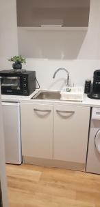 a kitchen with a sink and a microwave at Casa santa lucia in San-Nicolao +3 photos