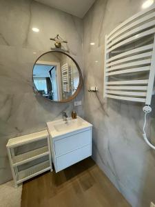 a bathroom with a sink and a mirror at Kotedzas Sventojoje 11 Gulbiu in Šventoji +57 photos