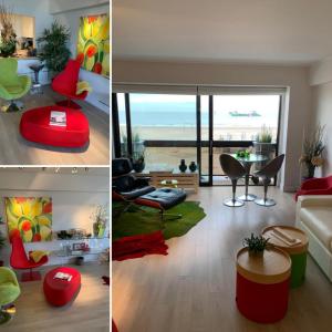 zwei Bilder eines Wohnzimmers mit roten und grünen Möbeln in der Unterkunft Superbe appartement digue vue mer in Knokke-Heist