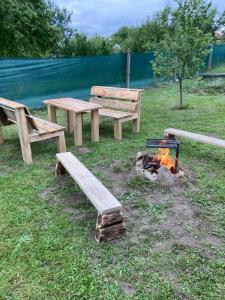 un gruppo di tavoli da picnic e un focolare di ubytování v podkroví a Jindřichŭv Hradec