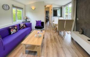 a living room with a purple couch and a table at Stunning Stacaravan In Tzummarum in Tzummarum
