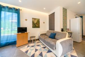 a living room with a couch and a tv at Gite Au Petit Mittlach in Mittlach