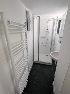 um banheiro com chuveiro e pia em Wohnung am Fischereihafen Modern & gemütlich em Bremerhaven