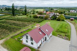 an aerial view of a white house with a red roof at Binzighof Ferienhäuser in Oberkirch +38 photos