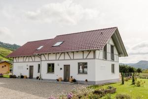 a white house with a brown roof at Binzighof Ferienhäuser in Oberkirch