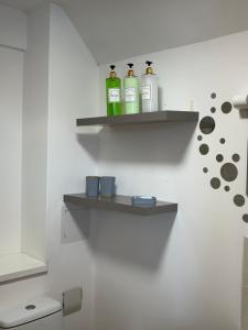 a bathroom with three bottles on shelves on the wall at MacIver City Apartments Farraline Court in Inverness