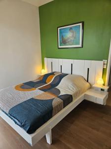 a bed in a room with a green wall at Appartement neuf en duplex in Saint-Maur-des-Fossés